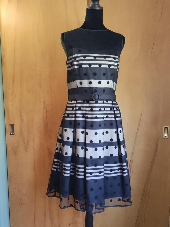 Eliza J Dresses & Skirts - Eliza J Black And Cream Polka Dot & Stripe Fit-and-Flare Midi Dress